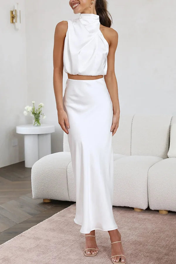 Kara | Women's Matching Satin Halter Neck Two-Piece Maxi Dress Set — White