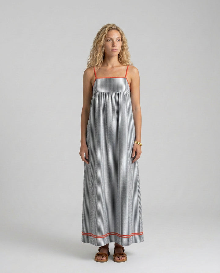 Kassia | Women's Wedding Guest Elegant Striped Maxi Dress with Spaghetti Straps Dresses — Black