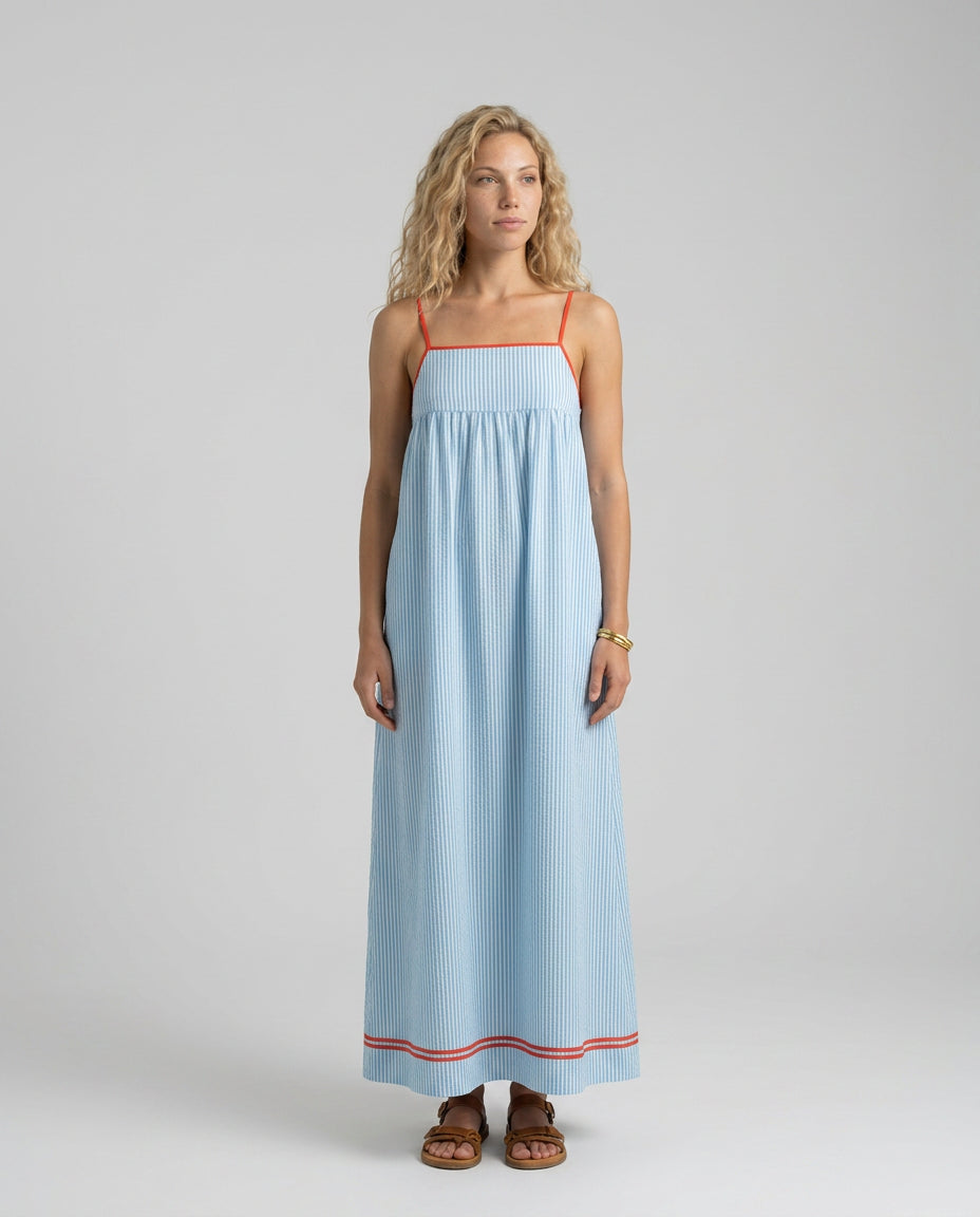 Kassia | Women's Wedding Guest Elegant Striped Maxi Dress with Spaghetti Straps Dresses — Blue