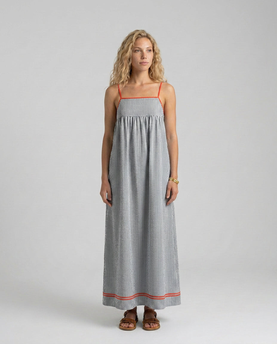 Kassia | Women's Wedding Guest Elegant Striped Maxi Dress with Spaghetti Straps Dresses — 1