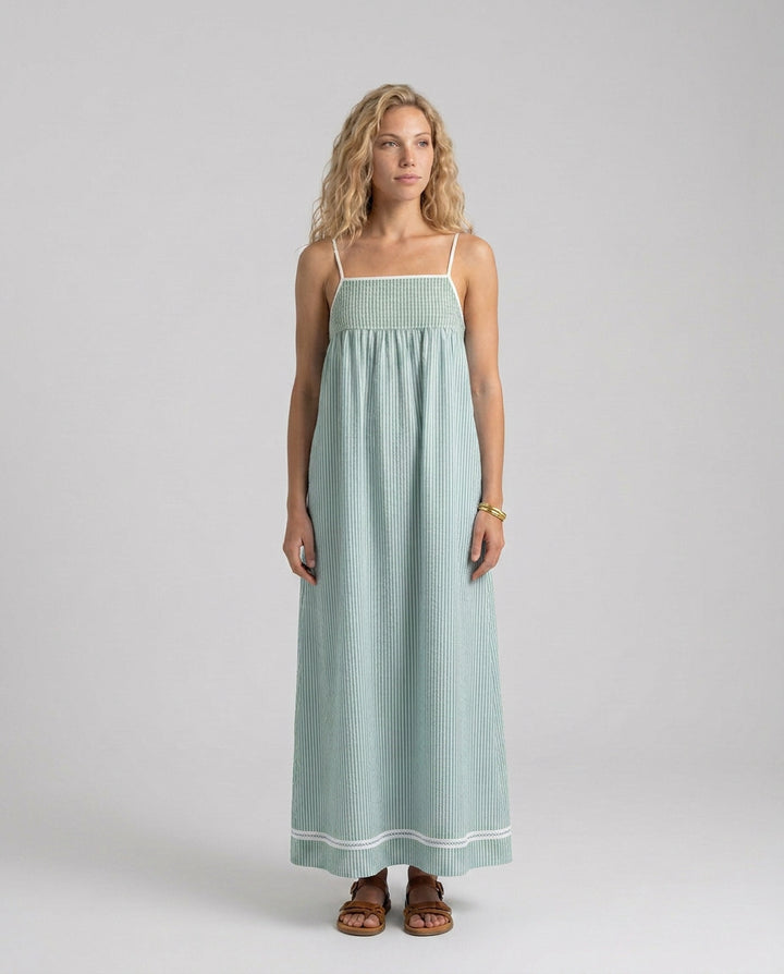 Kassia | Women's Wedding Guest Elegant Striped Maxi Dress with Spaghetti Straps Dresses — Green