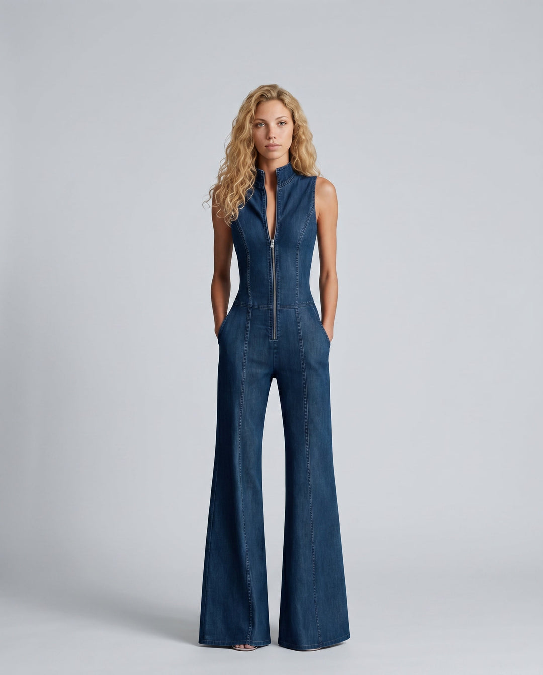 Kesiana | Women's Wide-Leg Elegant Denim Sleeveless Jumpsuit — Blue
