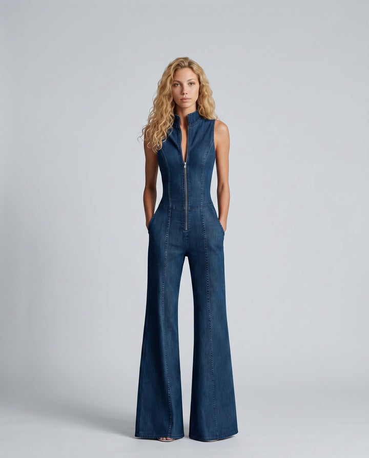 Kesiana | Women's Wide-Leg Elegant Denim Sleeveless Jumpsuit — Blue