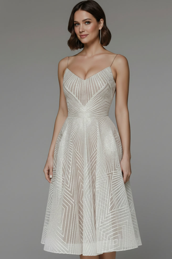 Kesiienne | Women's Elegant Geometric A-Line Midi Dress with Spaghetti Straps — Beige
