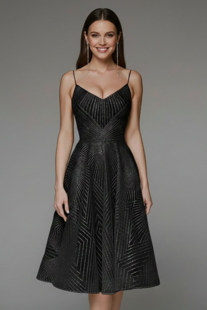Kesiienne | Women's Elegant Geometric A-Line Midi Dress with Spaghetti Straps — Black