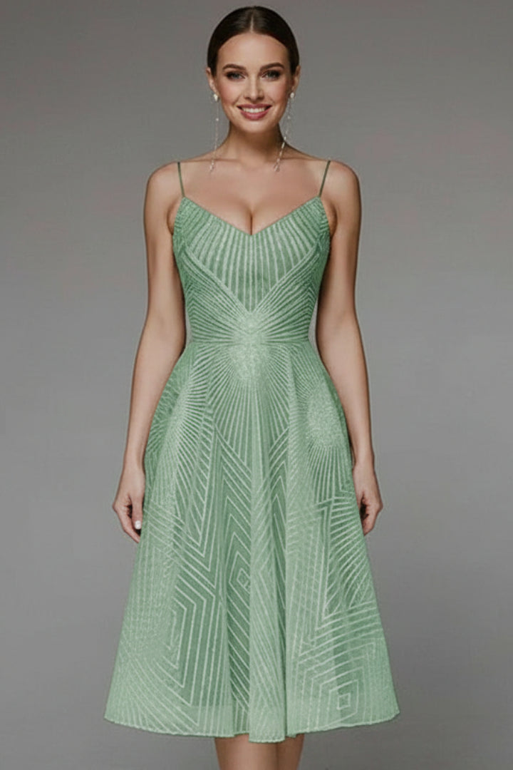 Kesiienne | Women's Elegant Geometric A-Line Midi Dress with Spaghetti Straps — Green