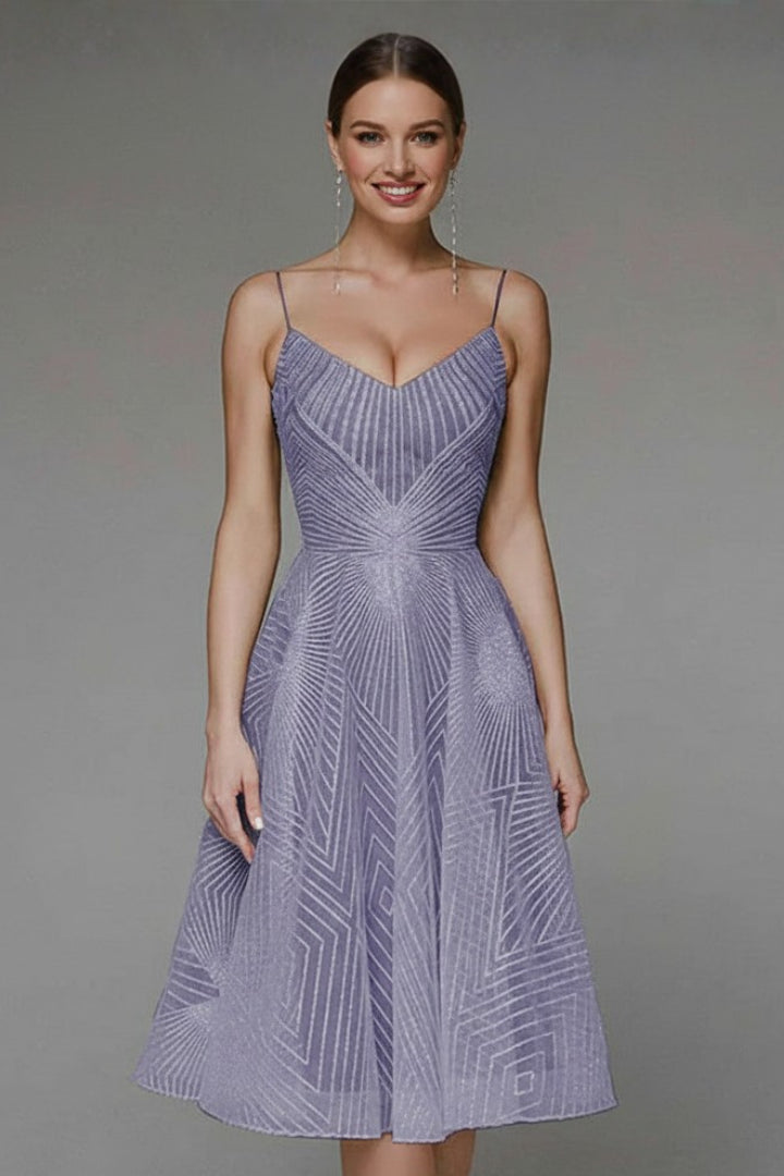 Kesiienne | Women's Elegant Geometric A-Line Midi Dress with Spaghetti Straps — Purple