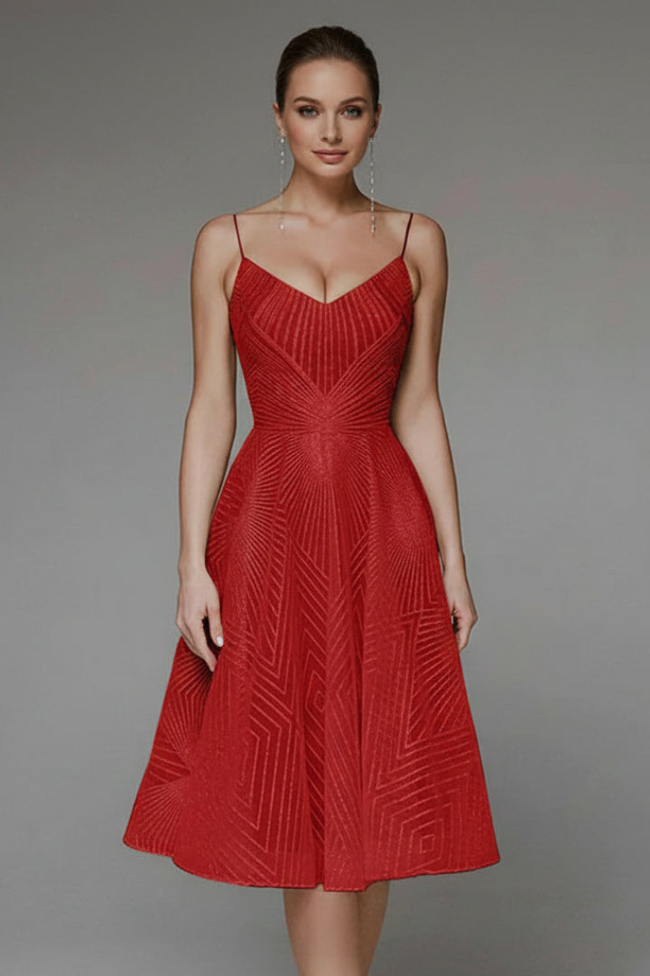 Kesiienne | Women's Elegant Geometric A-Line Midi Dress with Spaghetti Straps — Red