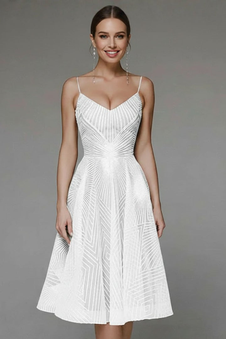 Kesiienne | Women's Elegant Geometric A-Line Midi Dress with Spaghetti Straps — White