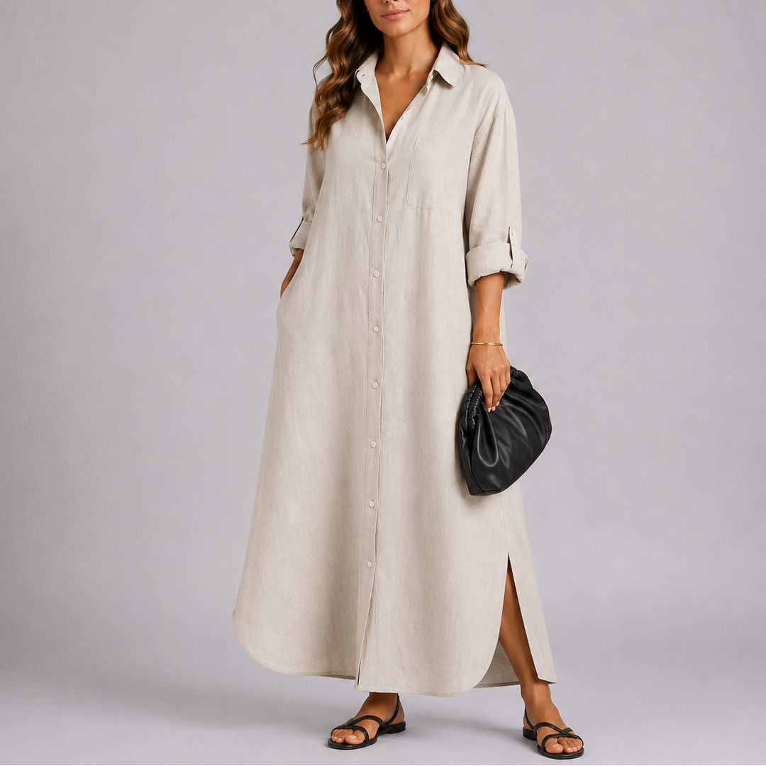 Kesiita | Women's Elegant Linen Shirt Maxi Dress – Lightweight & Effortless — Beige