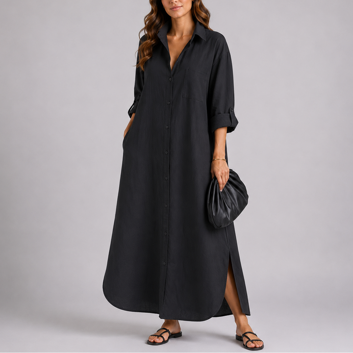 Kesiita | Women's Elegant Linen Shirt Maxi Dress – Lightweight & Effortless — Black