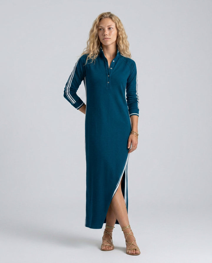 Kira | Women's Wedding Guest Elegant Button-Down Maxi Dress with Contrast Trim Dresses — Blue