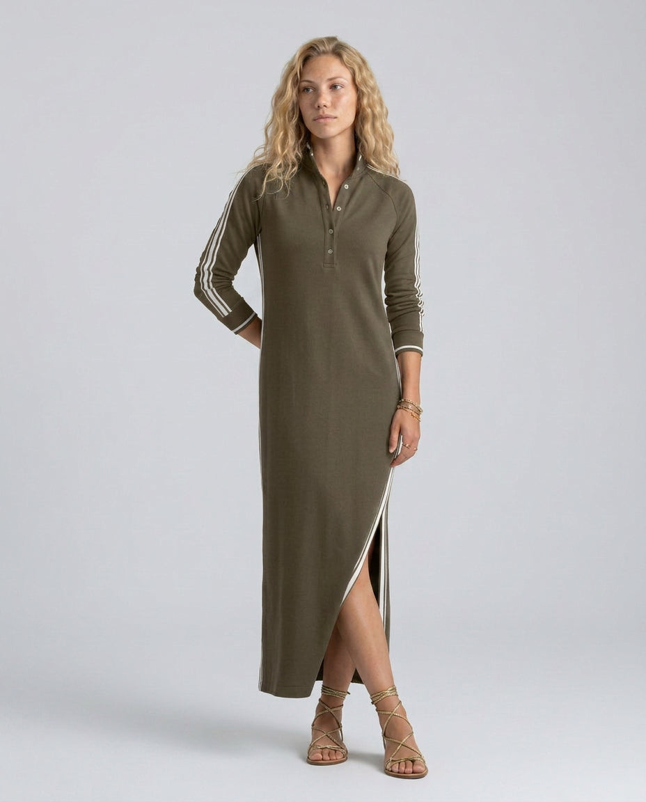 Kira | Women's Wedding Guest Elegant Button-Down Maxi Dress with Contrast Trim Dresses — Green