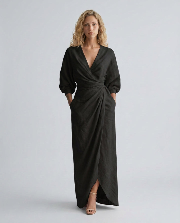 Lara | Women's Wedding Guest Elegant Linen Blend Maxi Dress with V-Neck Wrap Detail Dresses — Black