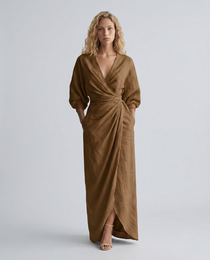Lara | Women's Wedding Guest Elegant Linen Blend Maxi Dress with V-Neck Wrap Detail Dresses — 3