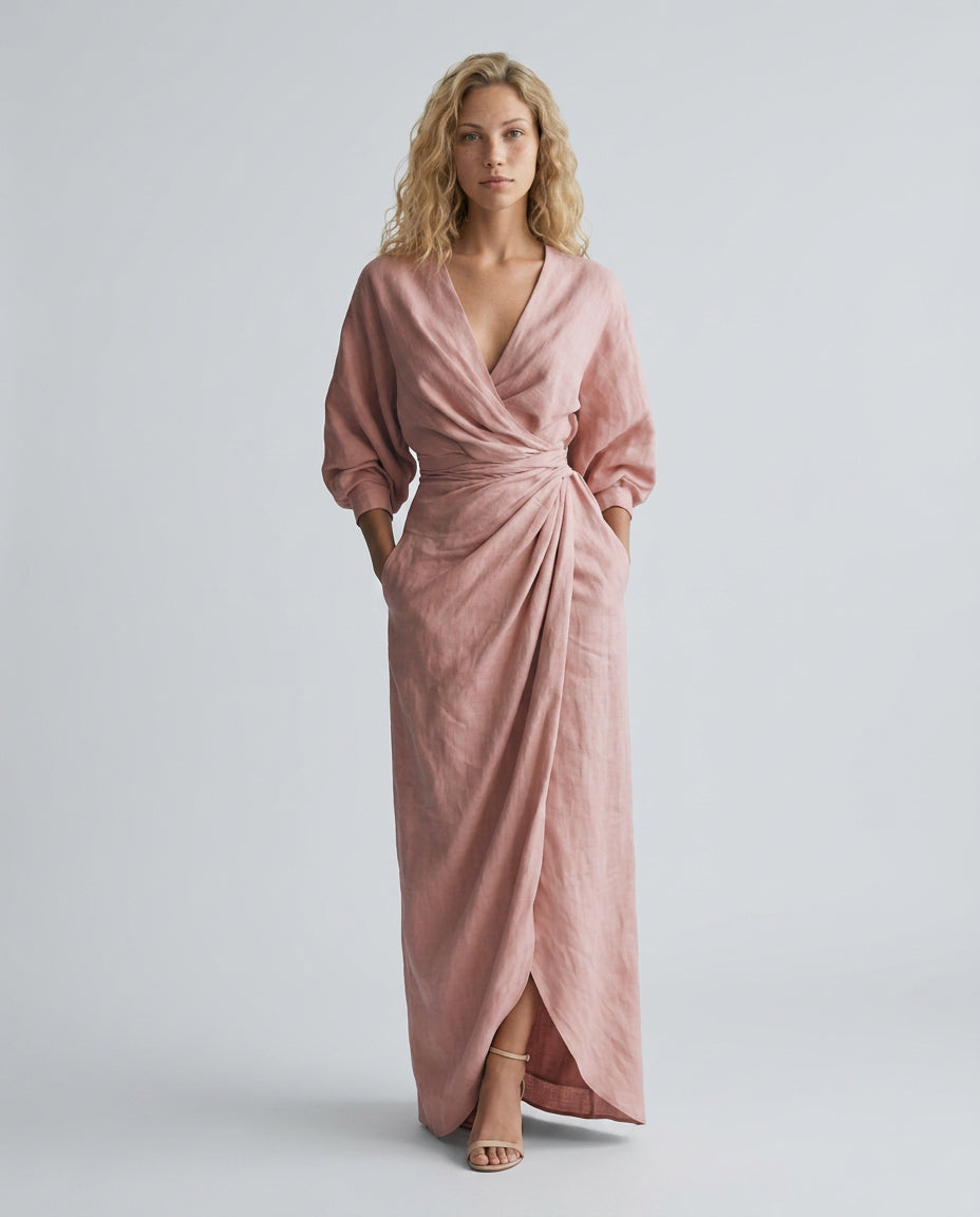 Lara | Women's Wedding Guest Elegant Linen Blend Maxi Dress with V-Neck Wrap Detail Dresses — Pink