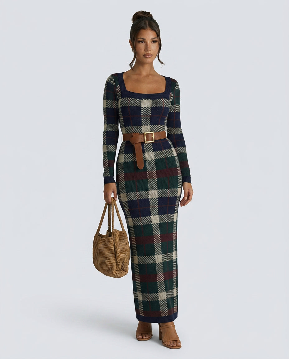 Lavinia | Women's Cozy Check Knit Maxi Dress with Belted Waist Sweaters — 1