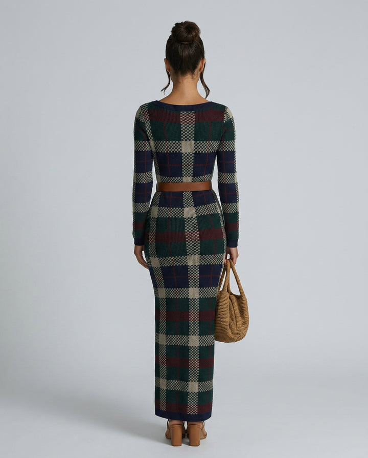 Lavinia | Women's Cozy Check Knit Maxi Dress with Belted Waist Sweaters — 2