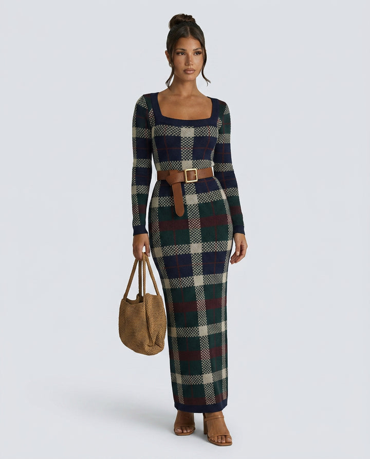 Lavinia | Women's Cozy Check Knit Maxi Dress with Belted Waist Sweaters — Navy