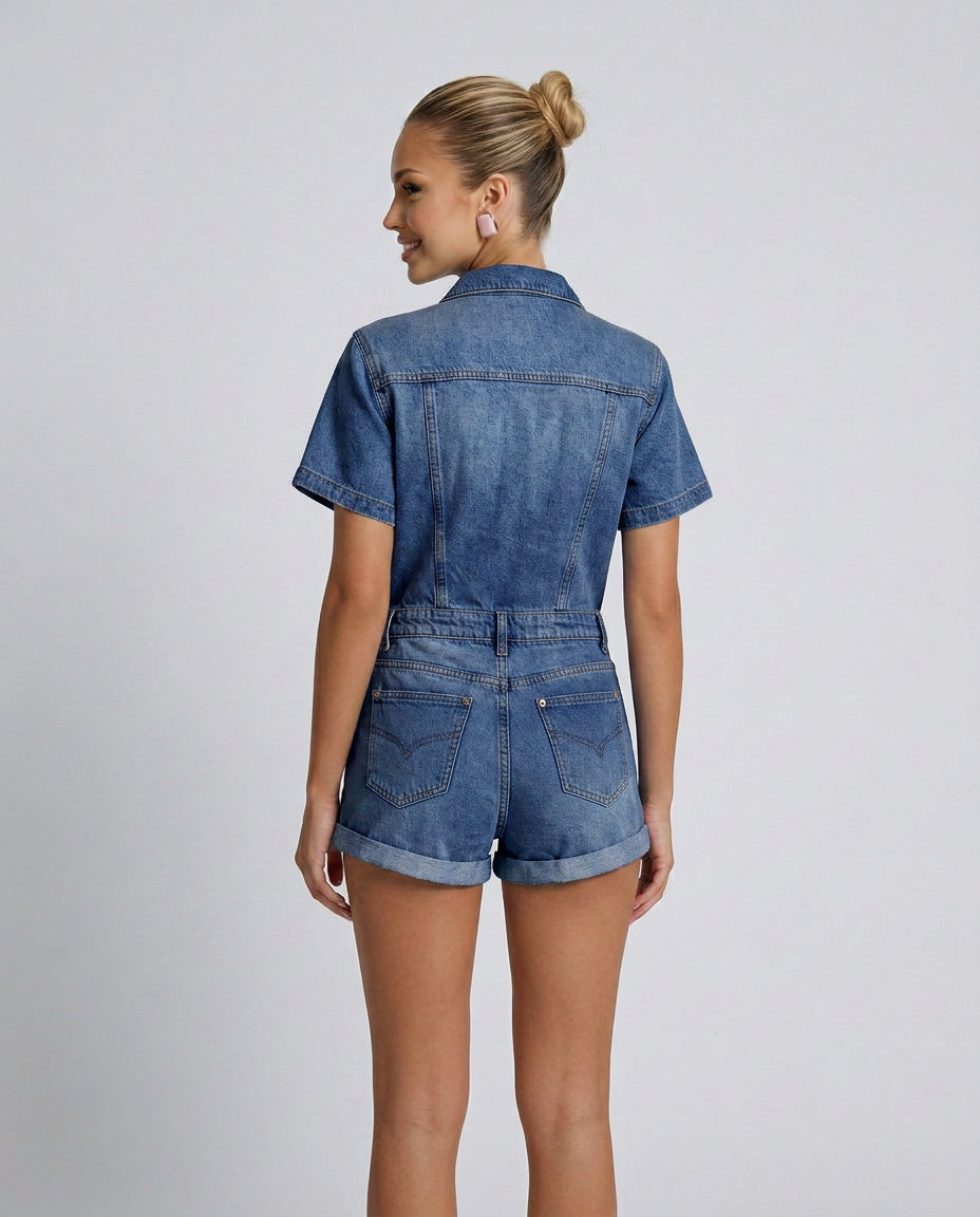 Lena | Women's High-Waist Button-Up Short Denim Playsuit — 2