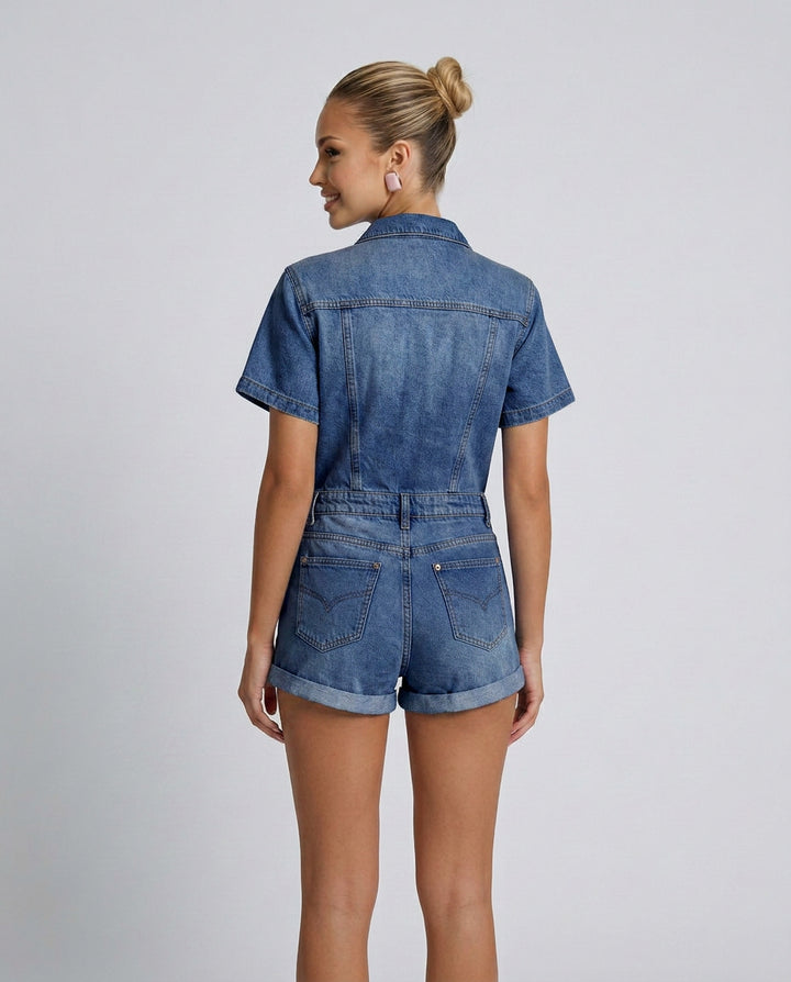 Lena | Women's High-Waist Button-Up Short Denim Playsuit — 2