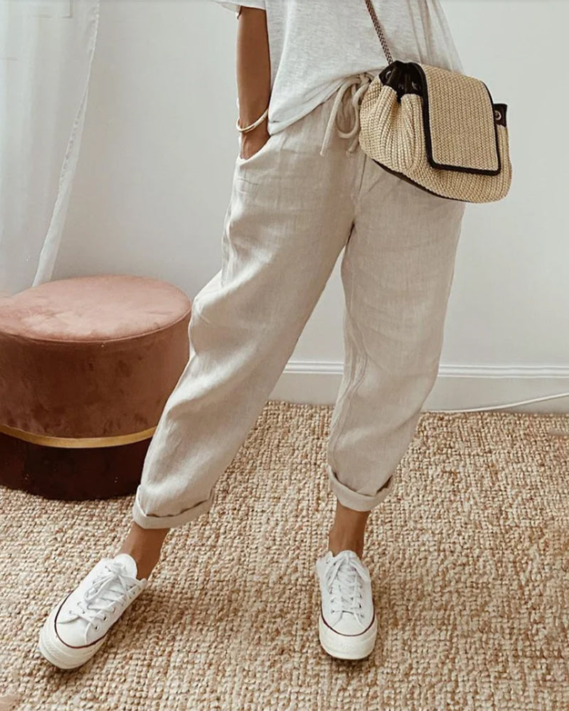 Liana | Women's Casual Stretch Stilvolle Freizeit-Leinenhose Tops — Beige
