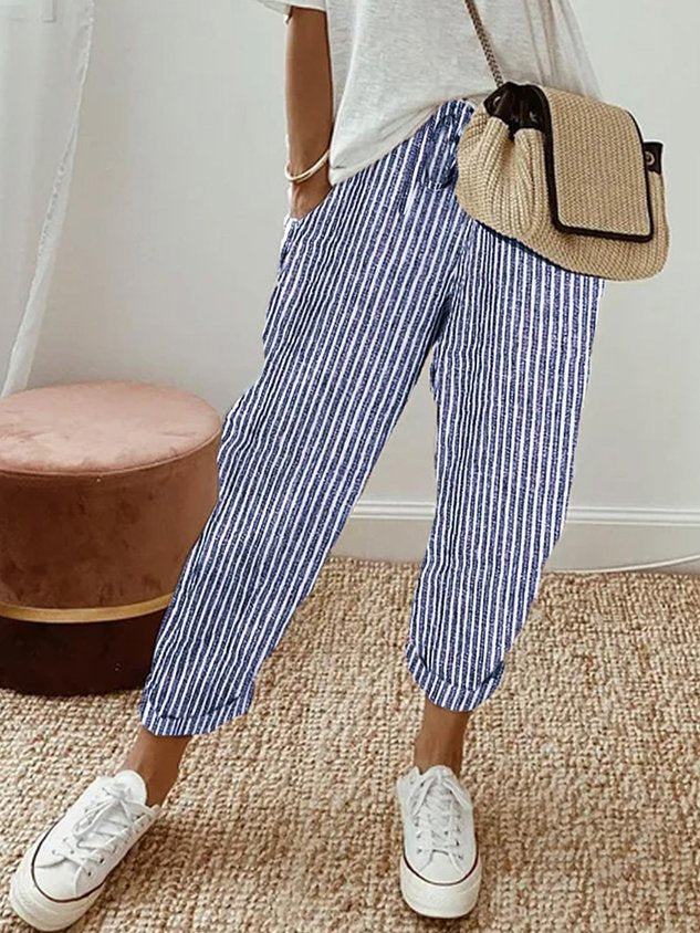 Liana | Women's Casual Stretch Stilvolle Freizeit-Leinenhose Tops — Blau (Gestreift)