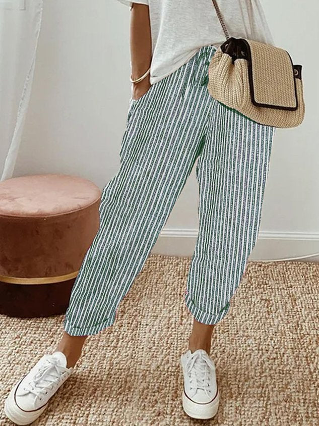 Liana | Women's Casual Stretch Stilvolle Freizeit-Leinenhose Tops — Grün (Gestreift)