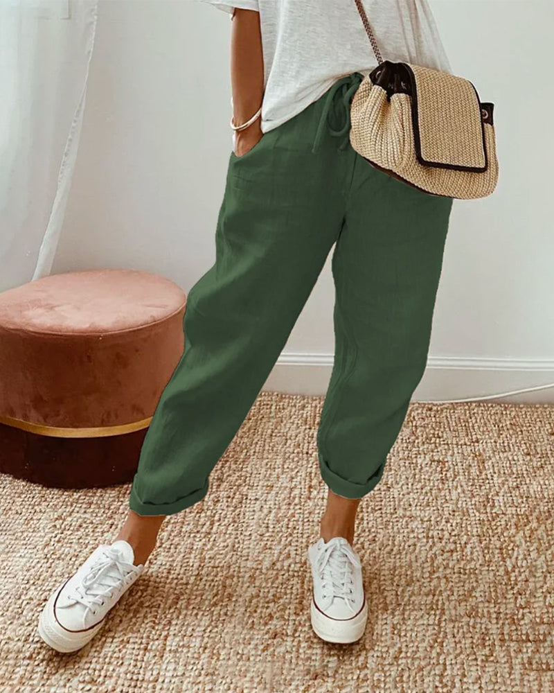 Liana | Women's Casual Stretch Stilvolle Freizeit-Leinenhose Tops — Grün