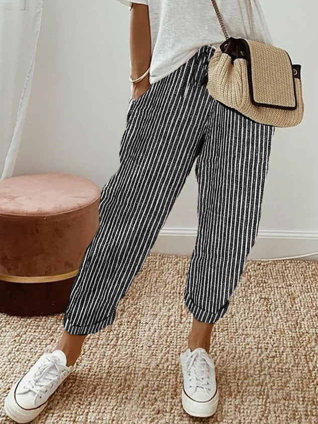 Liana | Women's Casual Stretch Stilvolle Freizeit-Leinenhose Tops — Schwarz (Gestreift)