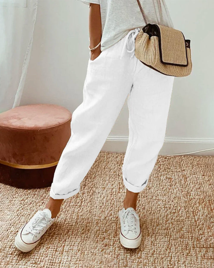 Liana | Women's Casual Stretch Stilvolle Freizeit-Leinenhose Tops — Weiß
