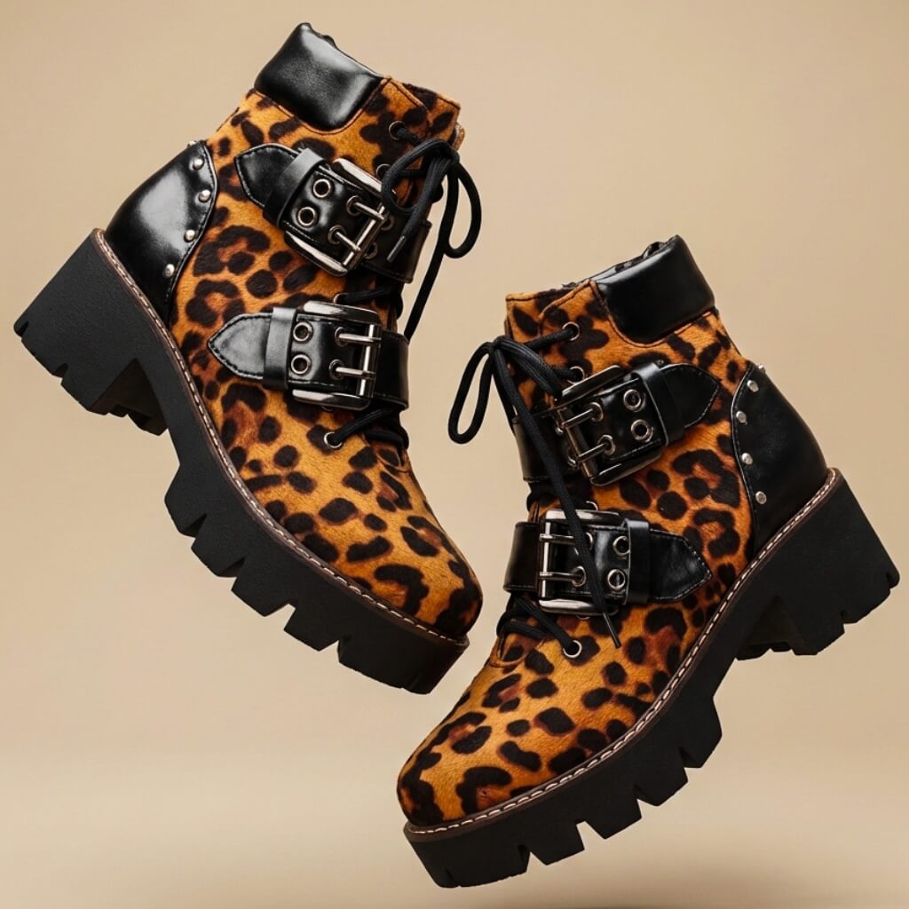 Liliana | Women's Western Style Knee-High Savannah Buckle Ankle Boots — Leopard Orange