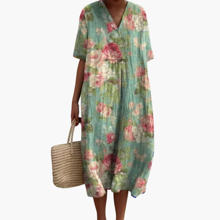 Lioranthe | Women's Denim High-Waist V Neck Short Sleeve Oversized Casual Midi Dress — Aqua Mint