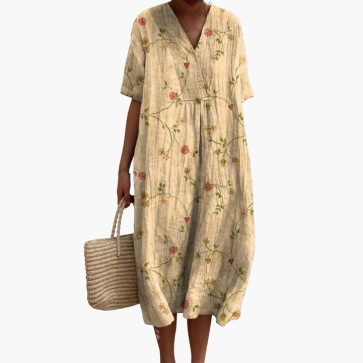 Lioranthe | Women's Denim High-Waist V Neck Short Sleeve Oversized Casual Midi Dress — Beige