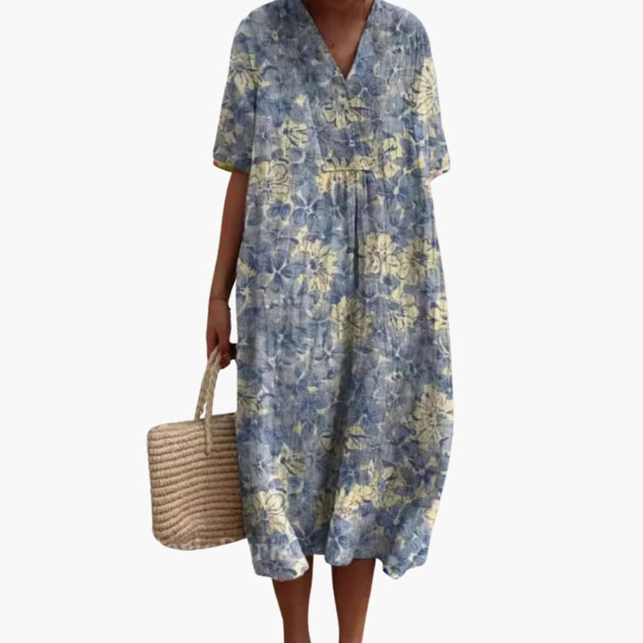 Lioranthe | Women's Denim High-Waist V Neck Short Sleeve Oversized Casual Midi Dress — Blue