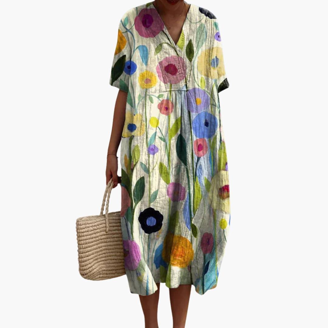 Lioranthe | Women's Denim High-Waist V Neck Short Sleeve Oversized Casual Midi Dress — MultiColour