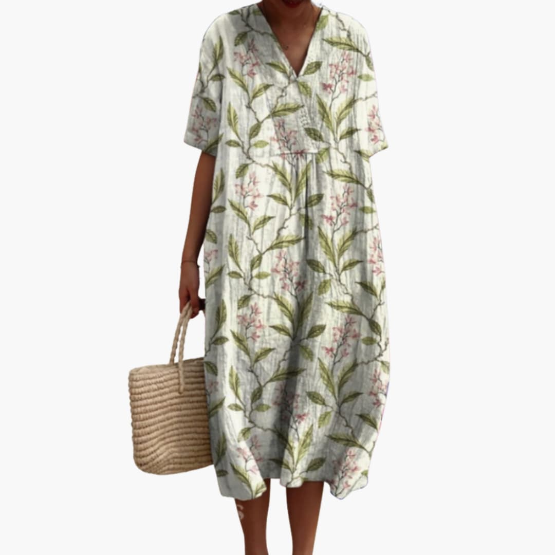Lioranthe | Women's Denim High-Waist V Neck Short Sleeve Oversized Casual Midi Dress — Olive Green