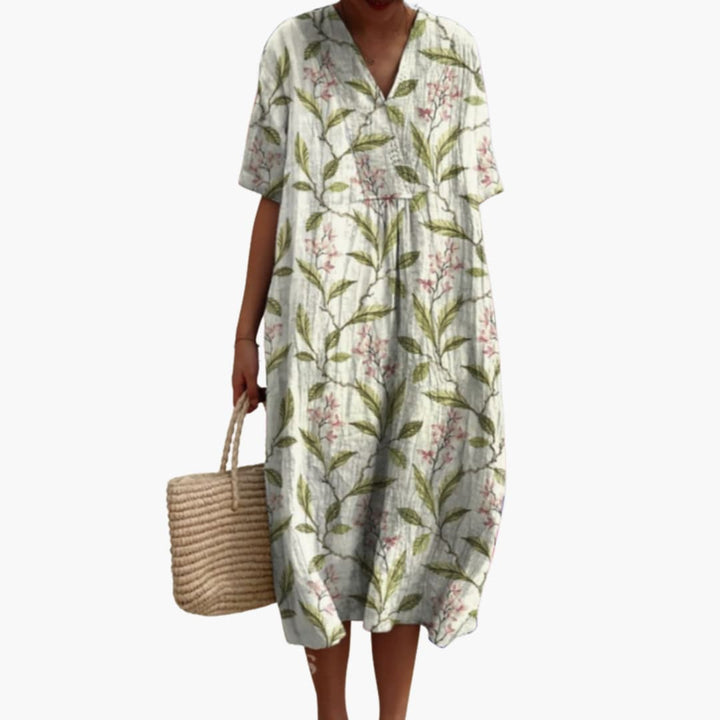 Lioranthe | Women's Denim High-Waist V Neck Short Sleeve Oversized Casual Midi Dress — Olive Green