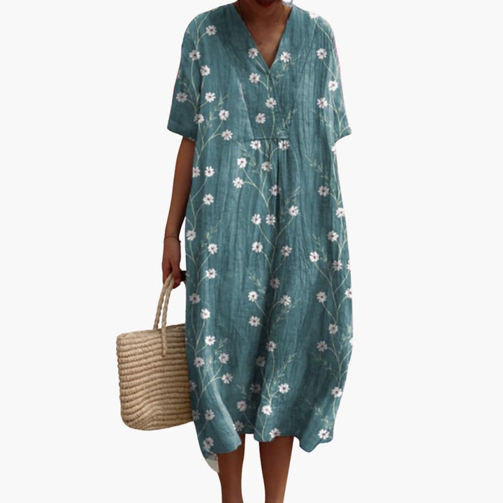 Lioranthe | Women's Denim High-Waist V Neck Short Sleeve Oversized Casual Midi Dress — Sage Green