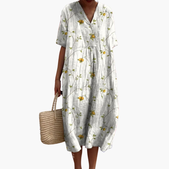 Lioranthe | Women's Denim High-Waist V Neck Short Sleeve Oversized Casual Midi Dress — White with Yellow