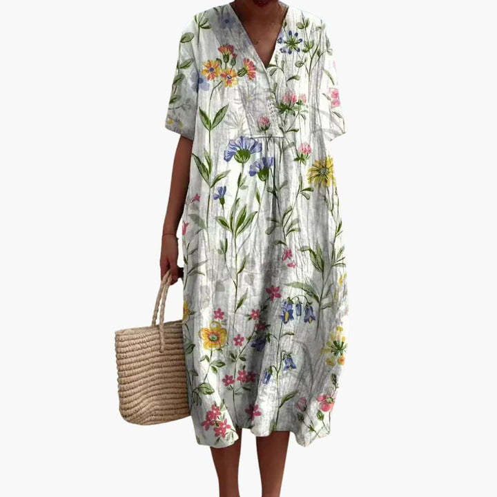 Lioranthe | Women's Denim High-Waist V Neck Short Sleeve Oversized Casual Midi Dress — White