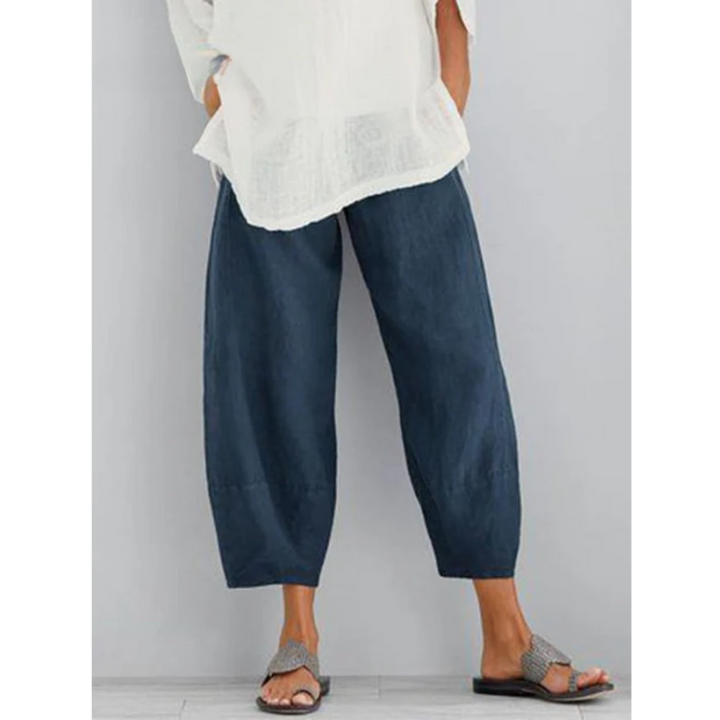 Liorienne | Women's Wide-Leg Trousers Taupe Linen-Look Cropped Wide Leg for — Blue