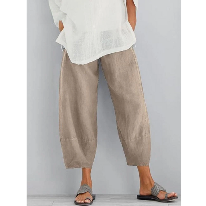 Liorienne | Women's Wide-Leg Trousers Taupe Linen-Look Cropped Wide Leg for — Khaki