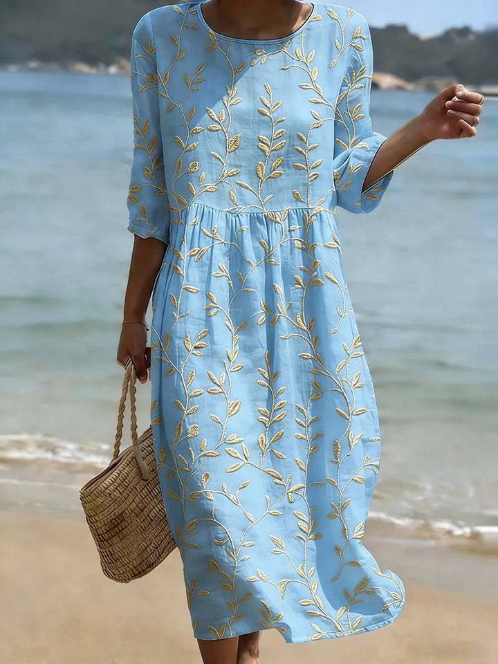 Liorolde | Women's Leaf Vine Embroidered 3/4 Sleeve Smock Midi Dress — Sky Blue