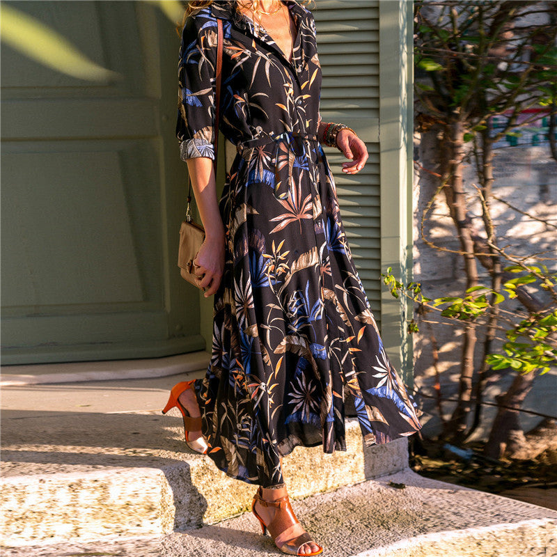 Lioroura | Women's Elegant Midi Shirt Dress Olive Floral Long Sleeve Belted for — Black blue
