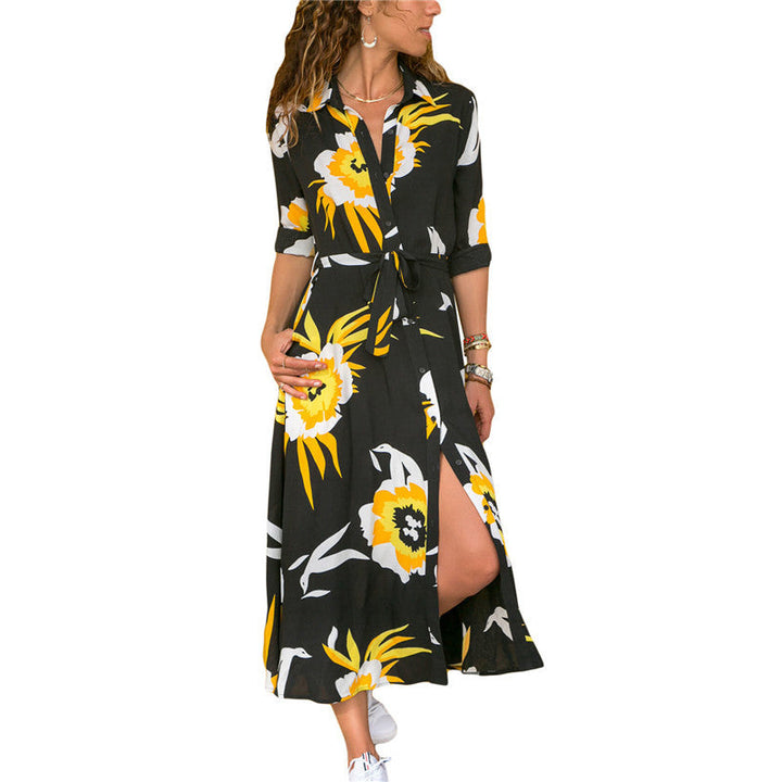 Lioroura | Women's Elegant Midi Shirt Dress Olive Floral Long Sleeve Belted for — Black