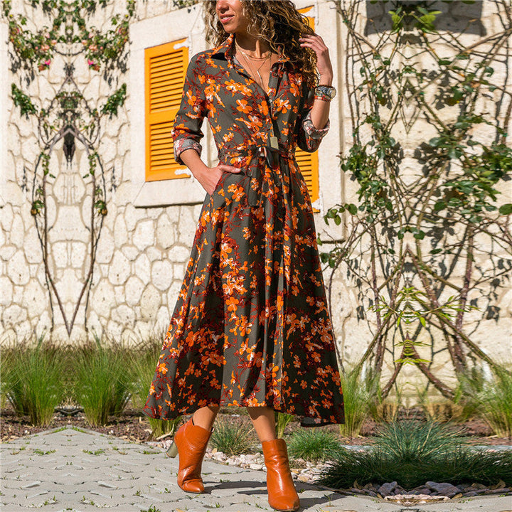 Lioroura | Women's Elegant Midi Shirt Dress Olive Floral Long Sleeve Belted for — gray