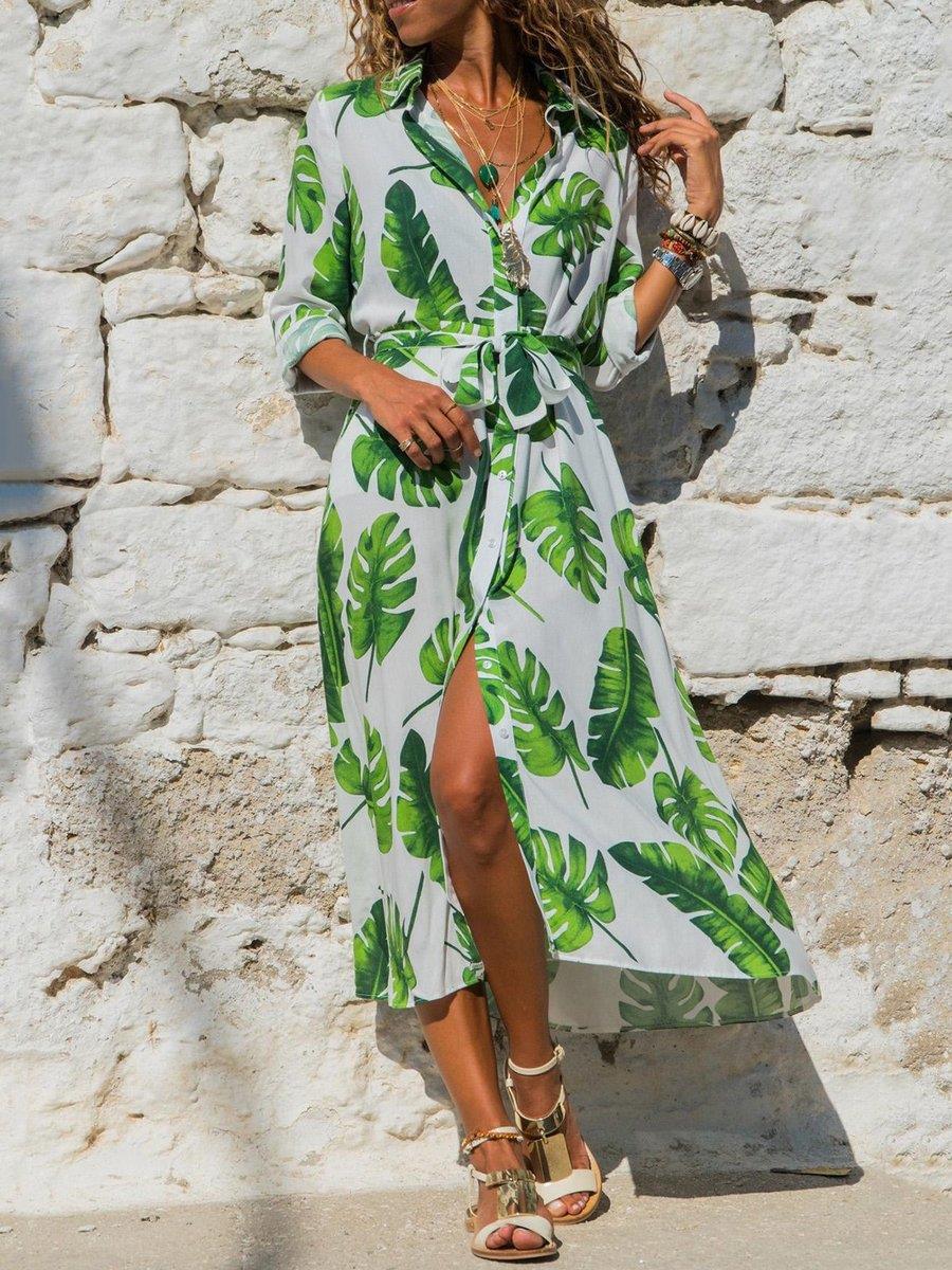 Lioroura | Women's Elegant Midi Shirt Dress Olive Floral Long Sleeve Belted for — white