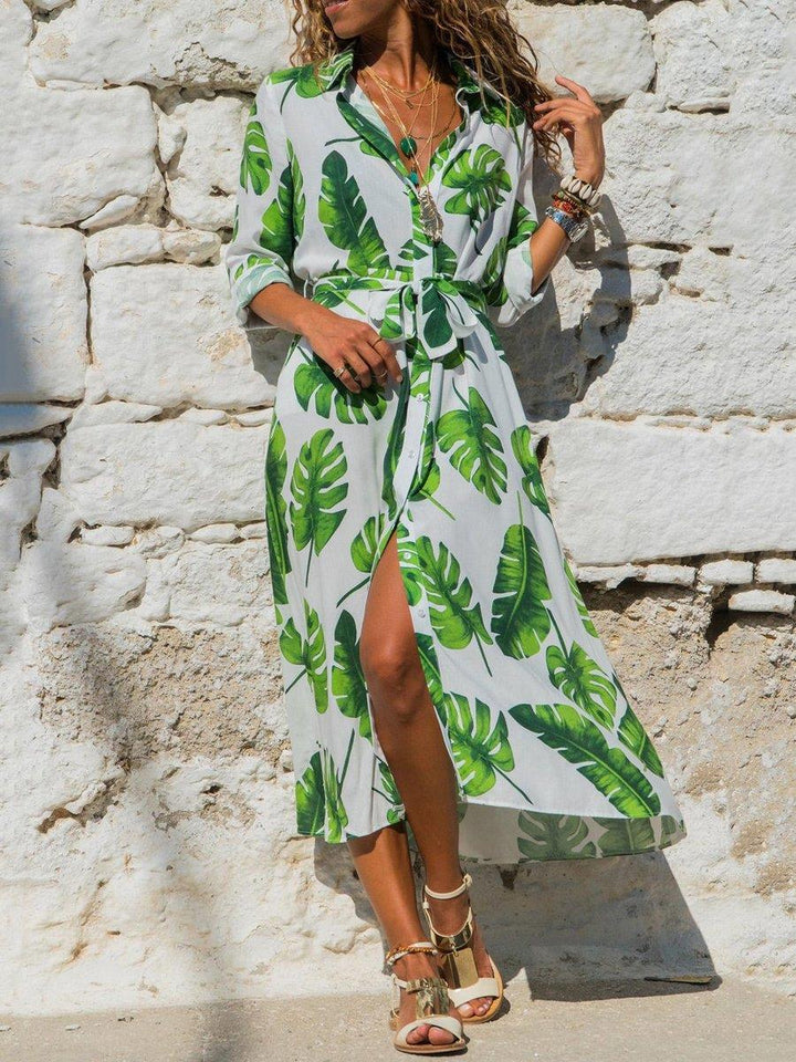 Lioroura | Women's Elegant Midi Shirt Dress Olive Floral Long Sleeve Belted for — white