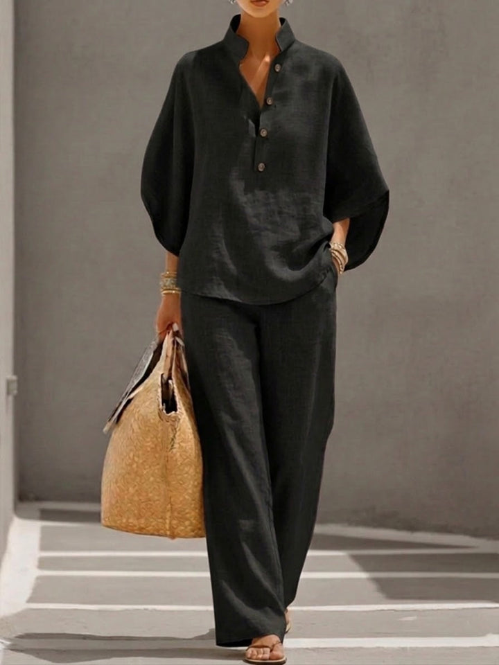 Liorriel | Women's Two-Piece Matching Collar Top and Trousers Set – Relaxed Linen Co-Ord — Black